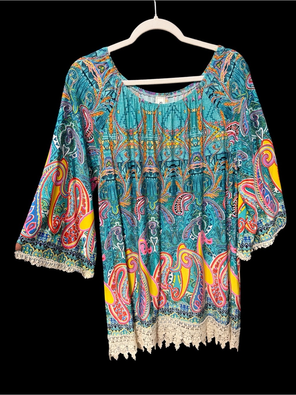 R Rouge USA Tunic Blouse Multicolor Teal Blue Yellow Paisley Crochet Trim Large